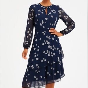 Navy Floral Long Sleeve Tiered Midi Dress – Banana Republic Size 2